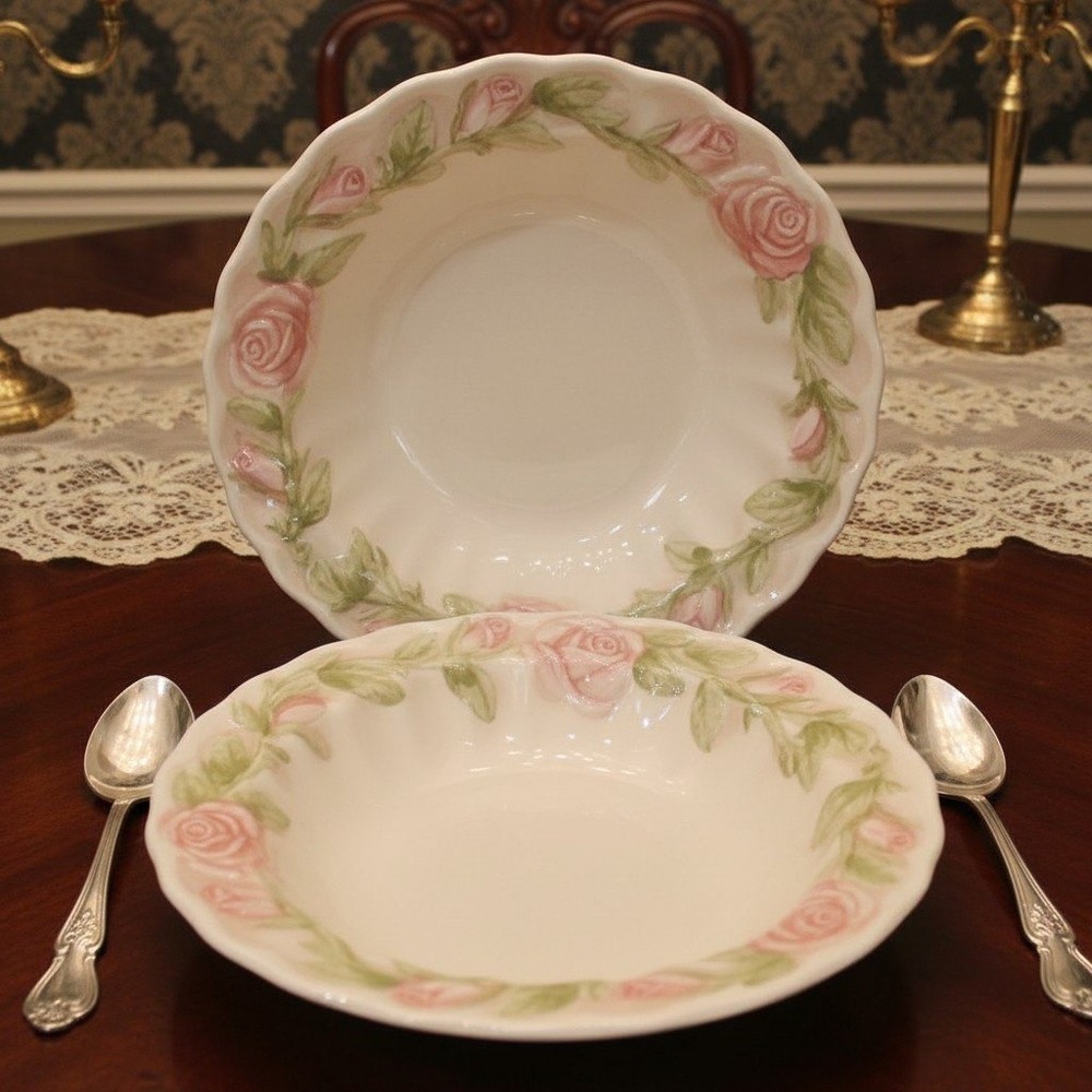 Metlox Vernon Ware Sculptured Rose Cereal Bowls Poppytrail USA Set of 2
